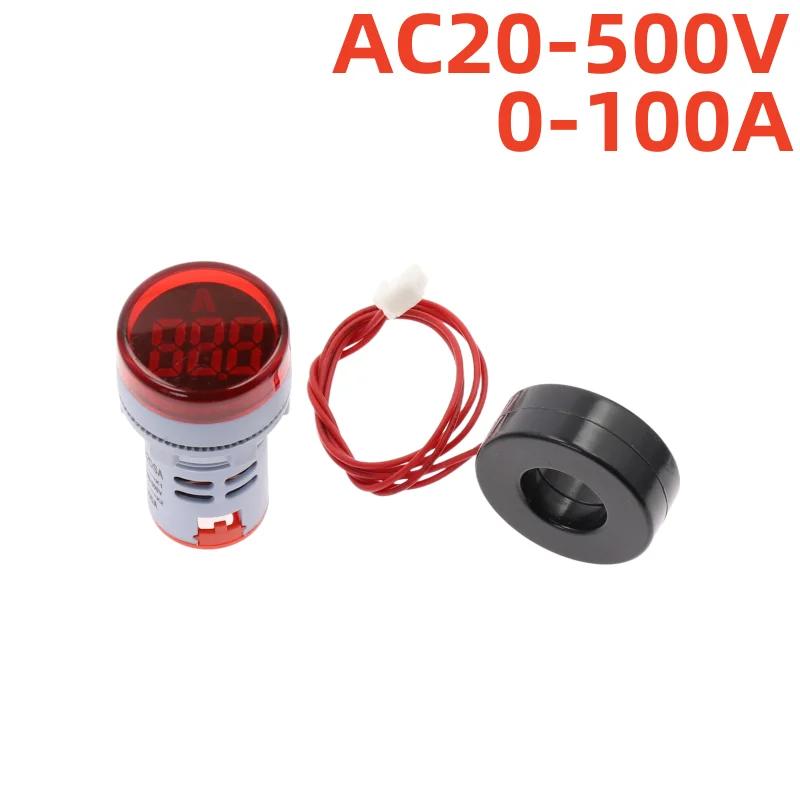 22MM 0-100A Digital Ammeter Current Meter/Voltage Meters Indicator Led Lamp Square Signal Light AC20-500V