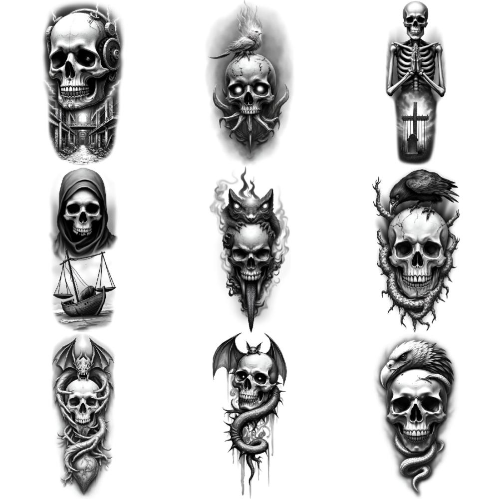 3 шт. Временные Татуировки Черно-Серый Реализм Демон Летучая Мышь Череп Череп с Кошкой Череп с Орлом и Змеей Для Рук Бедер