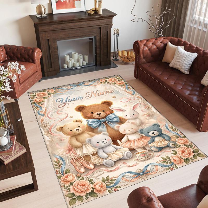 Teddy Bear Theme Crystal Velvet Rug Personalized Custom Name Text Soft Floor Mat Home Decor