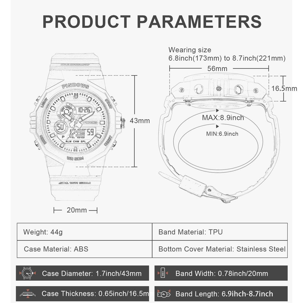 PINDOWS 50M Outdoor Digital Sports LED Alarm Stopwatch Women's Watch, Waterproof, Watch, Multi-function, Backlight, Calendar, Watch,