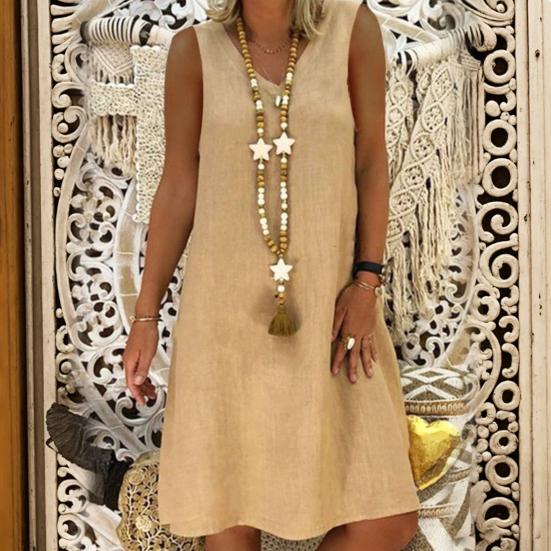 Lady Summer Dress Sleeveless V Neck A-line Solid Color Knee Length Midi Dress Pullover Vest Type Vacation Beach Dress