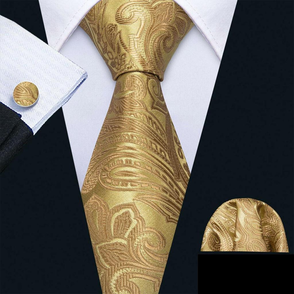 Barry.Wang Formal Mens Paisley Silk Tie Set Mens Necktie Pocket Square Cufflinks Wedding