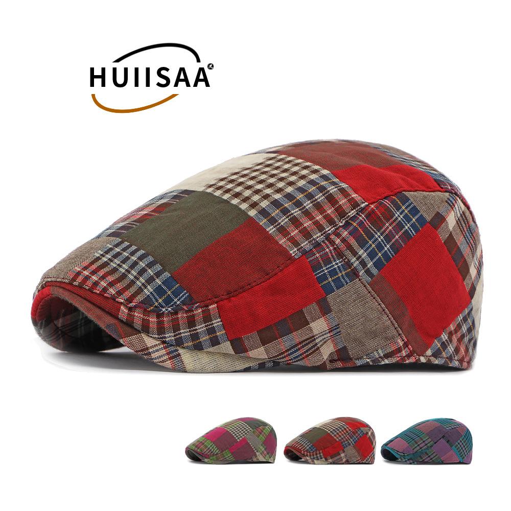 Vintage plaid splicing forward hat men's British newsboy hat plaid patchwork beret women's casual cap tide