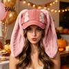 Punk Baseball Cap with Plush Rabbit Ears, Washed Distressed Peaked Hat for Casual Windproof Winter, Long Bunny Ear Dance Party Show Festivals