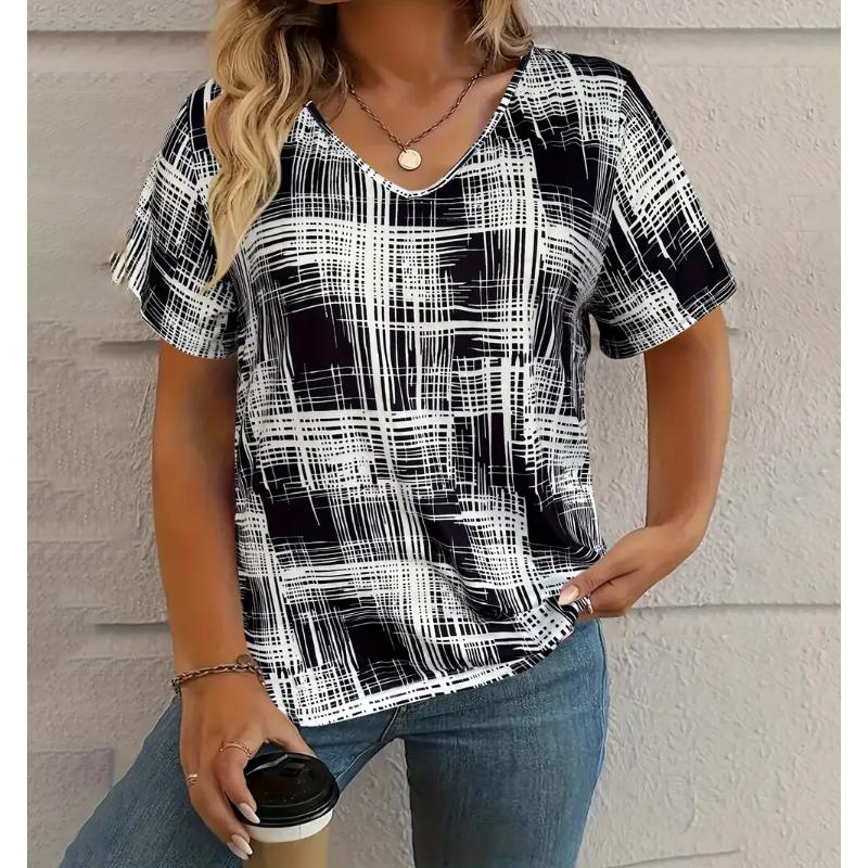 Летняя винтажная женская футболка, повседневная клетчатая принтованная одежда, топ с V-образным вырезом и коротким рукавом, модные уличные футболки