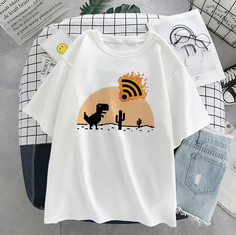 Динозавр Лето Новая Мультяшная Повседневная Панк Женская Футболка с Коротким Рукавом Харадзюку Винтаж Веселая Мода Инс Милая Сладкая Свободная