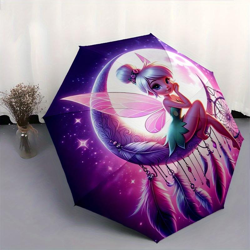 Disney Tinker Bell Moon Automatic Open/Close Umbrella - Cute Umbrella with Cute Design, Portable 3-Fold Compact Umbrella for Men & Women, Va