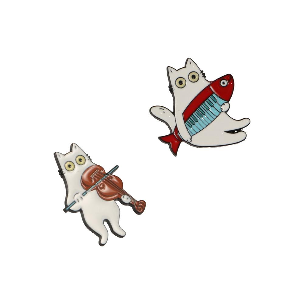Guitar Women Suit Lapel Pins Violin Music Cat Badges Temperament Animal Theme Metal Pin  Girls