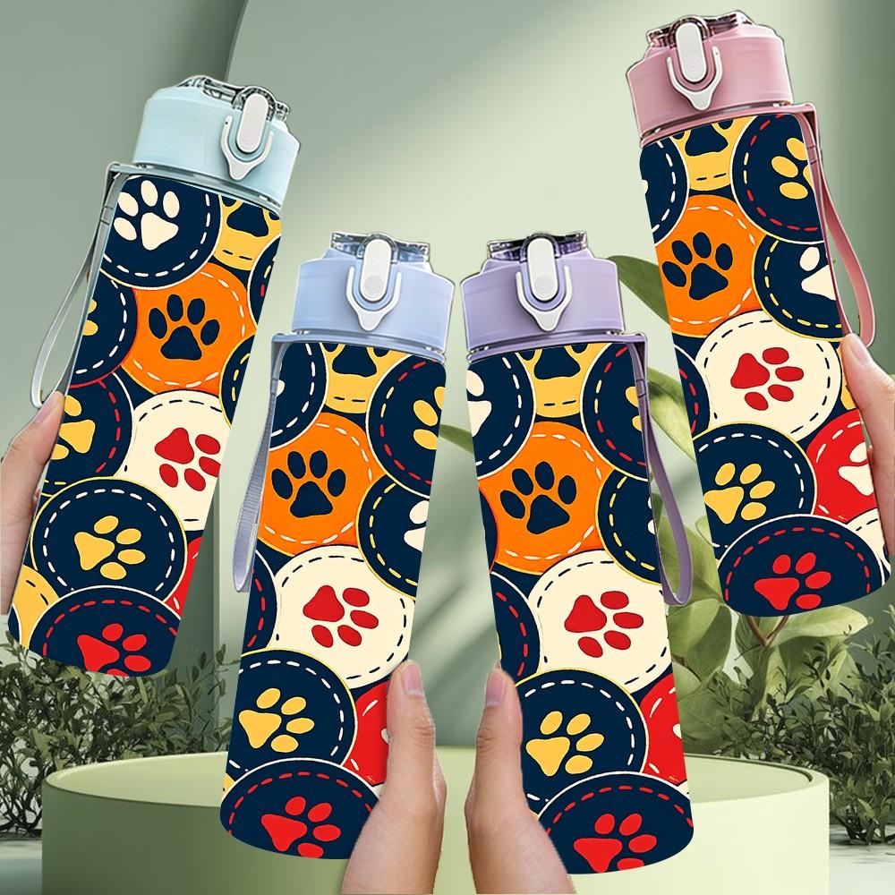 1PC Dog Paw Color Seamless Print 750ml Color Plastic Sports Water Bottle Leakproof Flip Straw Lid Suitable for Sports Office Home Use