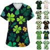 Ladies' St. Patrick Print Fashionable V-neck Pocket Short Sleeved Uniform And Caregiver Top