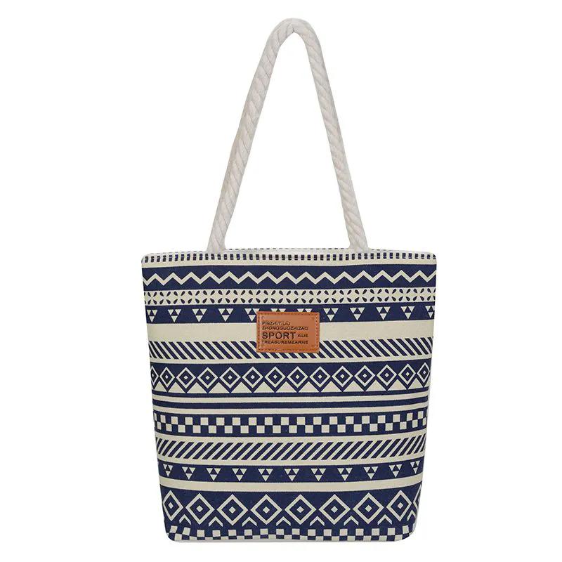 WTEMPO Fashion Printed Large-capacity Hand-held Women's Bags Summer Canvas Striped Versatile Commuting Mom Single-shoulder Shopping Bags