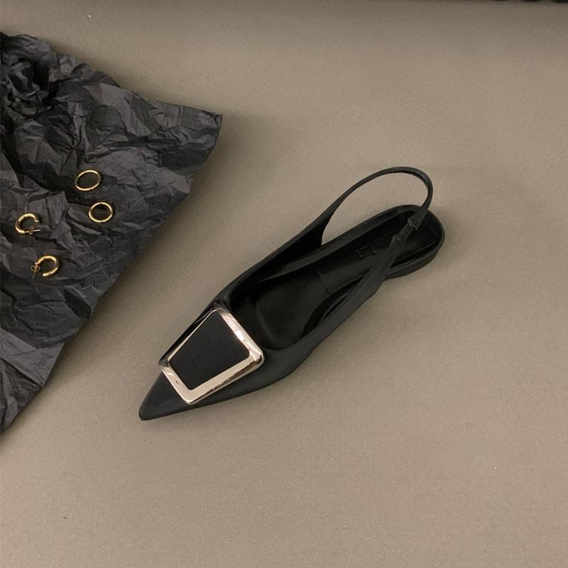 2025 новые летние французские сандалии на плоской подошве, нескользящие, черные, с закрытым носком, женские, универсальные, со стразами, с острым носком, темпераментные, одинарные туфли