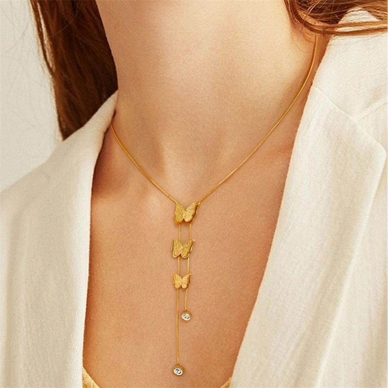 316L Stainless Steel New Fashion Fine Jewelry Butterfly Zircon Tassel Charms Snake Chain Choker Necklaces Pendants For Women