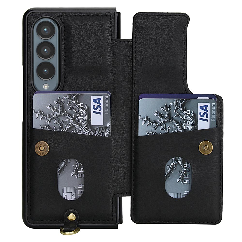 For Samsung Galaxy Z Fold4 5G Case Card Slots Leather Coated TPU Flower Phone Cover with 2 Straps