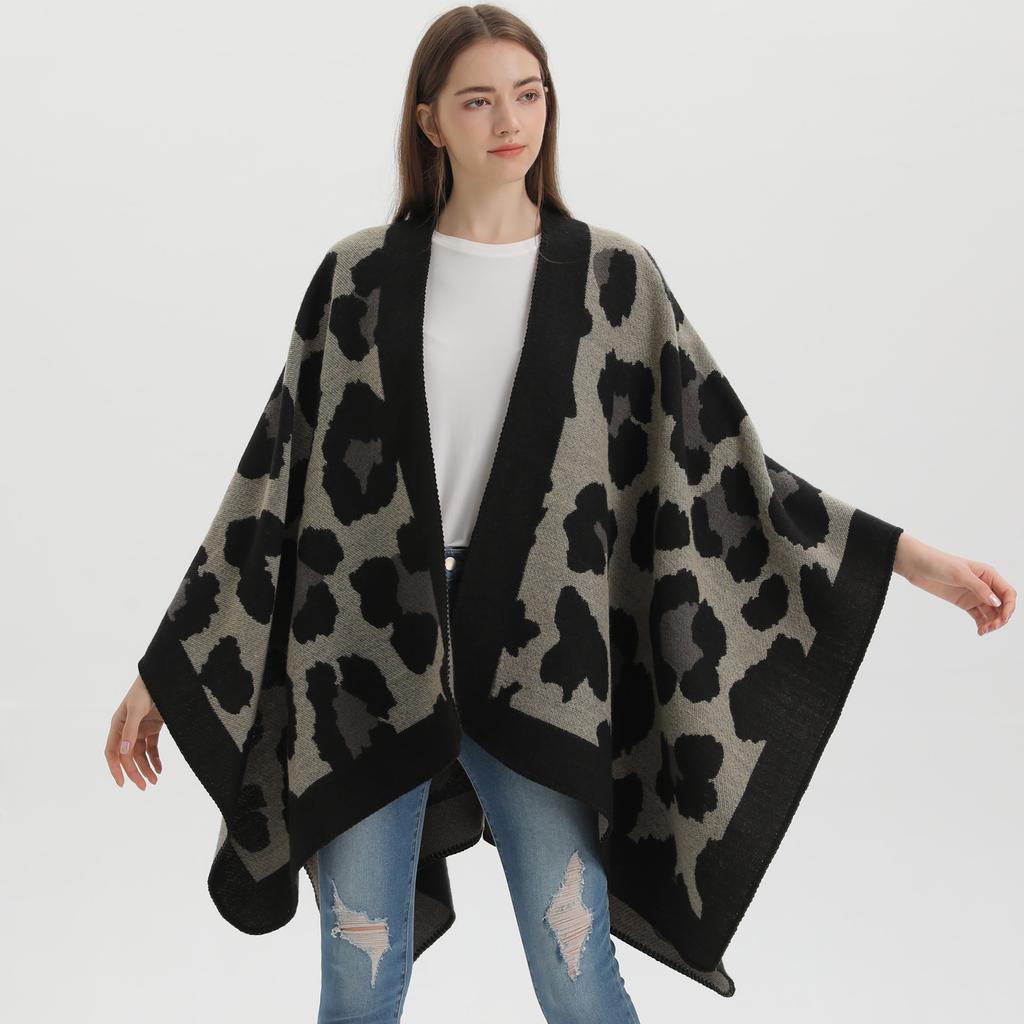 European and American Style Women's Scarf Fashion Leopard Shawl Autumn and Winter Pashmina Large Split Cape Thicken Warm Cloak