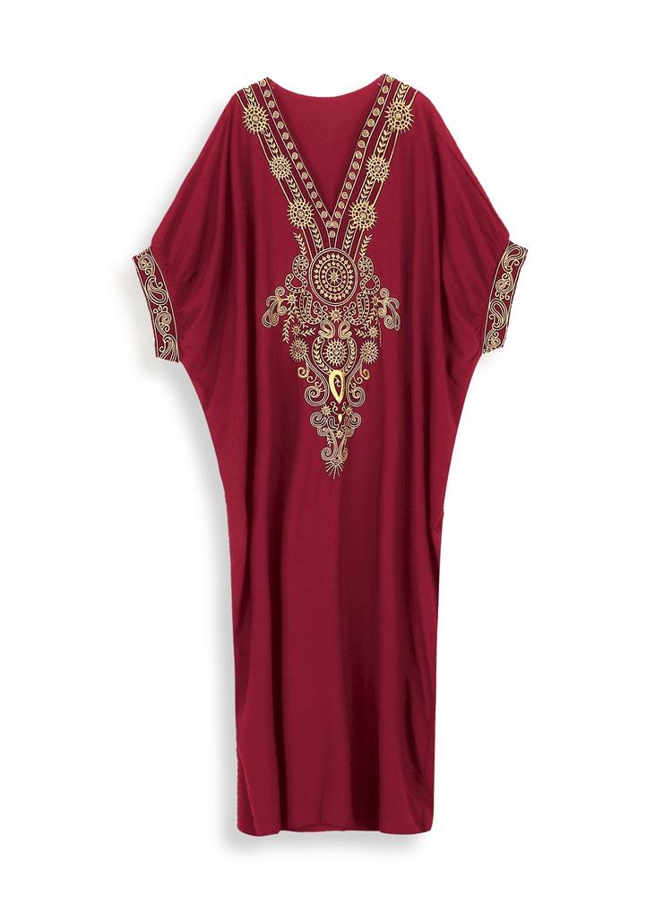 EDOLYNSA Bohemian Plus Size Embroidered Kaftan V-neck Puff Sleeve Casual House Dress 2024 Women Summer Beachwear Swimsuit Cover-ups Q1581