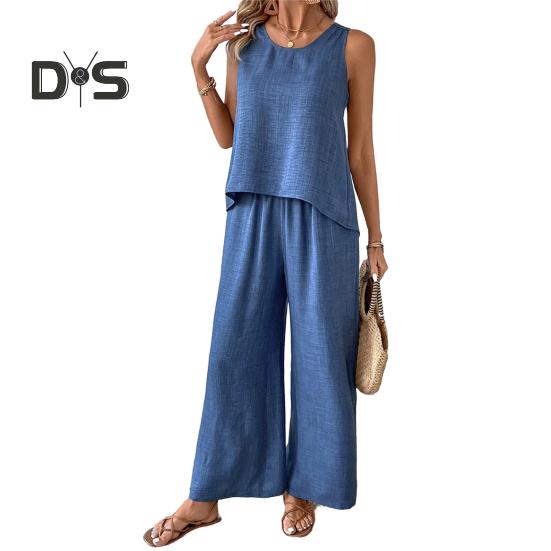 Женский комплект из двух предметов для отдыха, летний топ без рукавов с вырезом сзади и широкие брюки, повседневная одежда для отпуска и путешествий