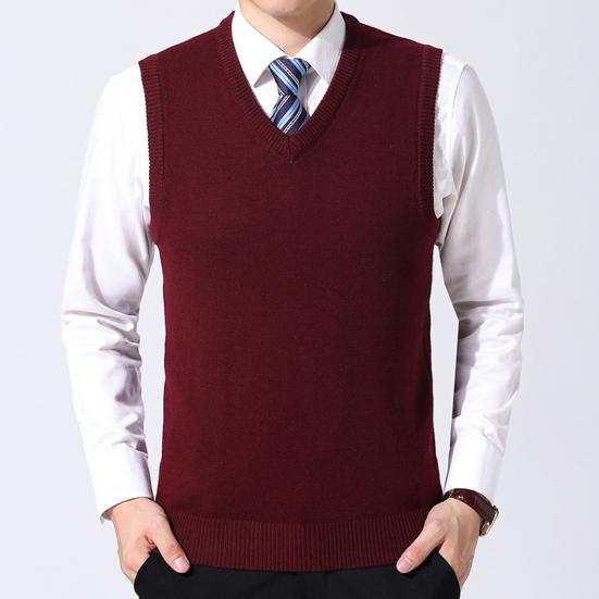 Men Vest Sweater V Neck Sleeveless Slim Fit Solid Color Knitted Pullover Slim Fit Mid Length Thickened Business Style Sweater