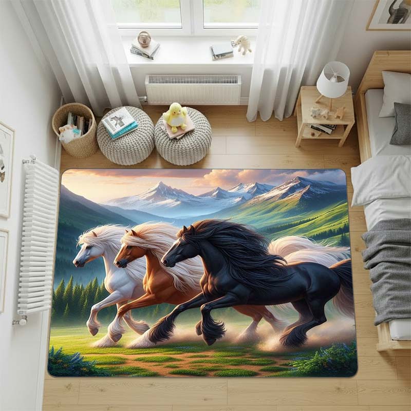 Black and White Couple Horses Area Rug, Sunset Grassland Wild Horse Non Slip Floor Carpet