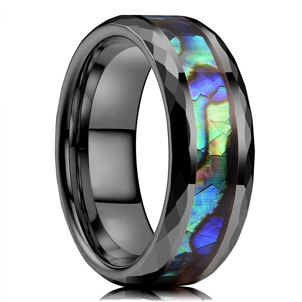 Trendy 8mm Black Tungsten Wedding Stainless Steel Rings For Men Inlay Colorful Abalone Shell Ring Men Wedding Band Jewelry
