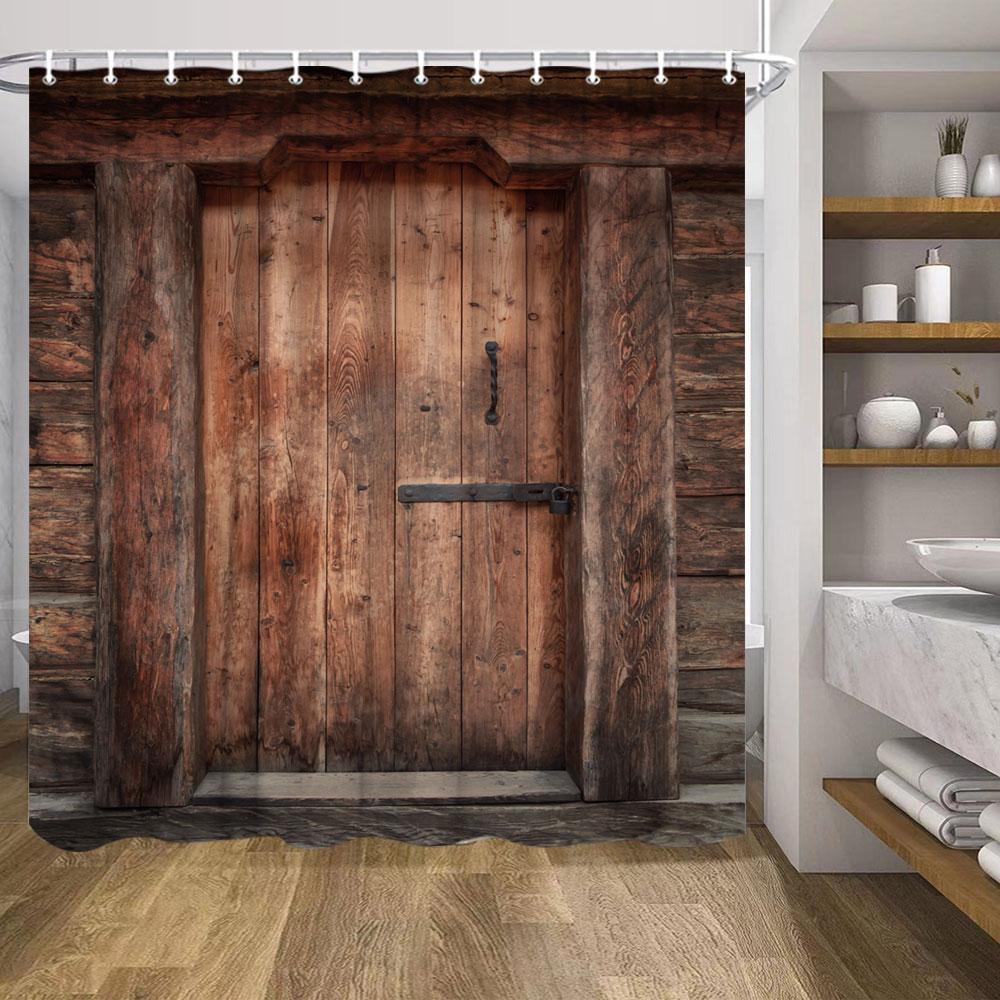 Ретро Деревянные Двери Набор Занавески для Душа Рустик Старый Винтажный Амбарная дверь Тканевые Занавески для Ванной Комнаты Фермерский Дом Декор для Ванной Экраны для Ванной Крючок