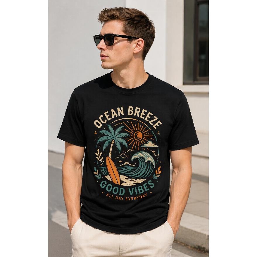 Men's Ocean Breeze Good Vibes Graphic Tee - Short Sleeve Crew Neck Soft Cotton Beach Surf Summer Casual Wear All Day Everyday Style