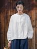 Women Vintage Ramie Shirts Tops Stand Long Sleeve Blouses Solid Color Spring Button Pockets Shirts