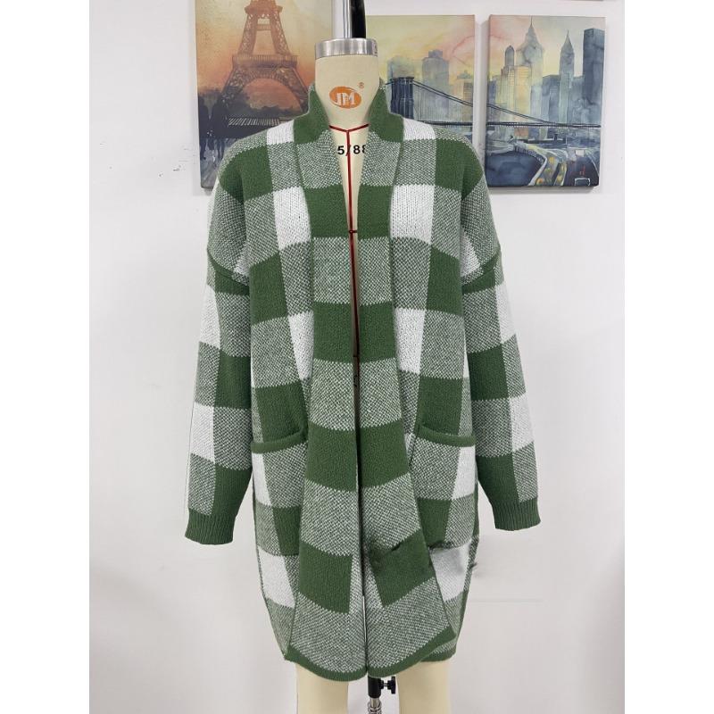 Autumn and Winter Women's Plus Size Coat Loose Plaid Colorblocking Knitted Cardigan Fashion Sweater