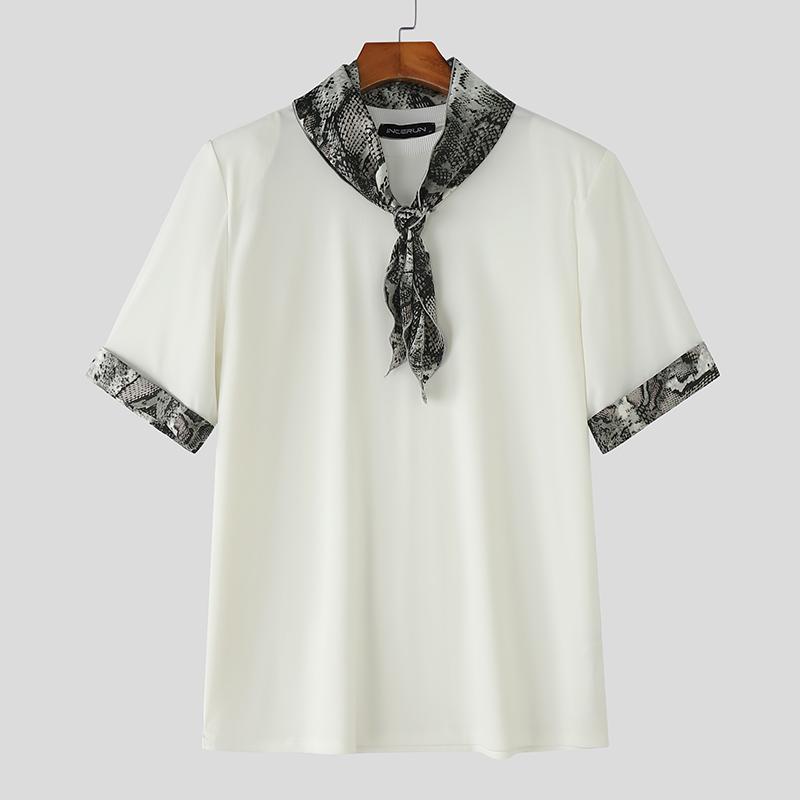 INCERUN Мужские футболки с коротким рукавом на завязках, повседневные топы с леопардовой строчкой