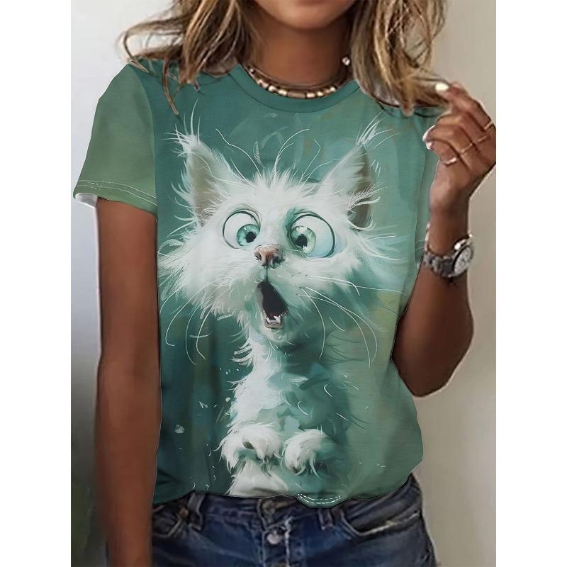 Women's Short Sleeved Round Neck Cartoon Printed T-shirt