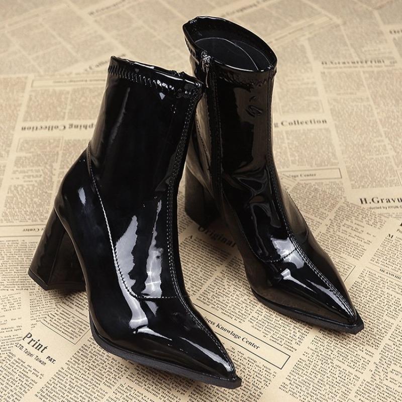 Brown Boots Women Round Toe Block Low Heel Chelsea Boots Black Slip On Patent Leather Ankle Boots Comfortable Non-slip Shoes