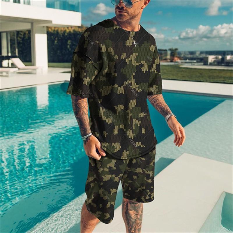 New Men's Green Camouflage T-shirts Shorts Set 3D Print Short Sleeve Tee Beach Shorts 2 Pcs Set Summer Oversized Tracksuit Suits