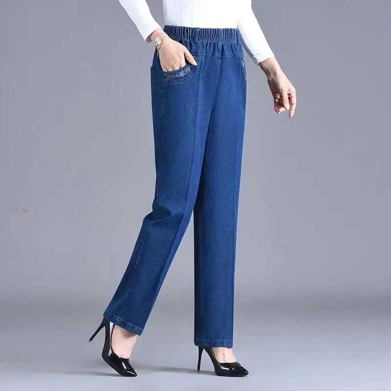 Middle Aged Elderly Women's Jeans Embroidered Pockets Elastic Waist Mom Pants Casual Denim Straight Leg Trousers New Spring