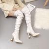 Leather Boots Women Stiletto Pointed Toe White Heeled Knee Boots Wine Glass Heel Side Zipper Thigh Gigh Booties