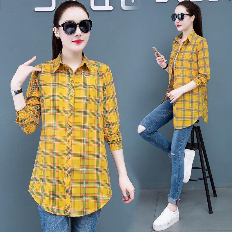 Женское клетчатое платье-рубашка: Пижама бойфренда в корейском стиле с длинными рукавами и средней длиной в красном, синем и желтом цветах. Стройный, но свободный и сексуальный.