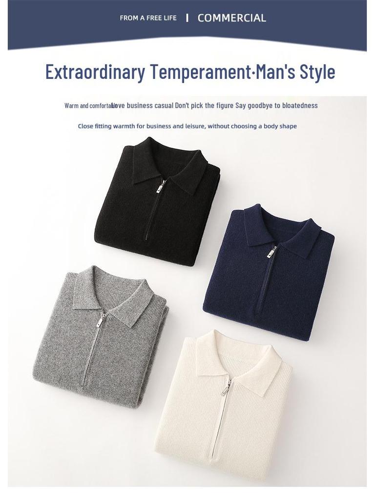 Мужской деловой повседневный пуловер поло из чистой шерсти на молнии - Осенне-зимний пуловер свободной вязки
