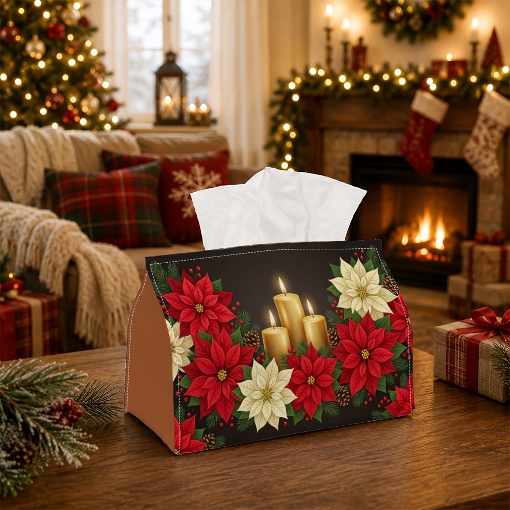 1pc Holiday Elegant Tissue Box - Xmas Napkin Dispenser, Made of Durable Polyester, Decorated with Poinsettia Botanical Arrangement Glowing Candle, Sui
