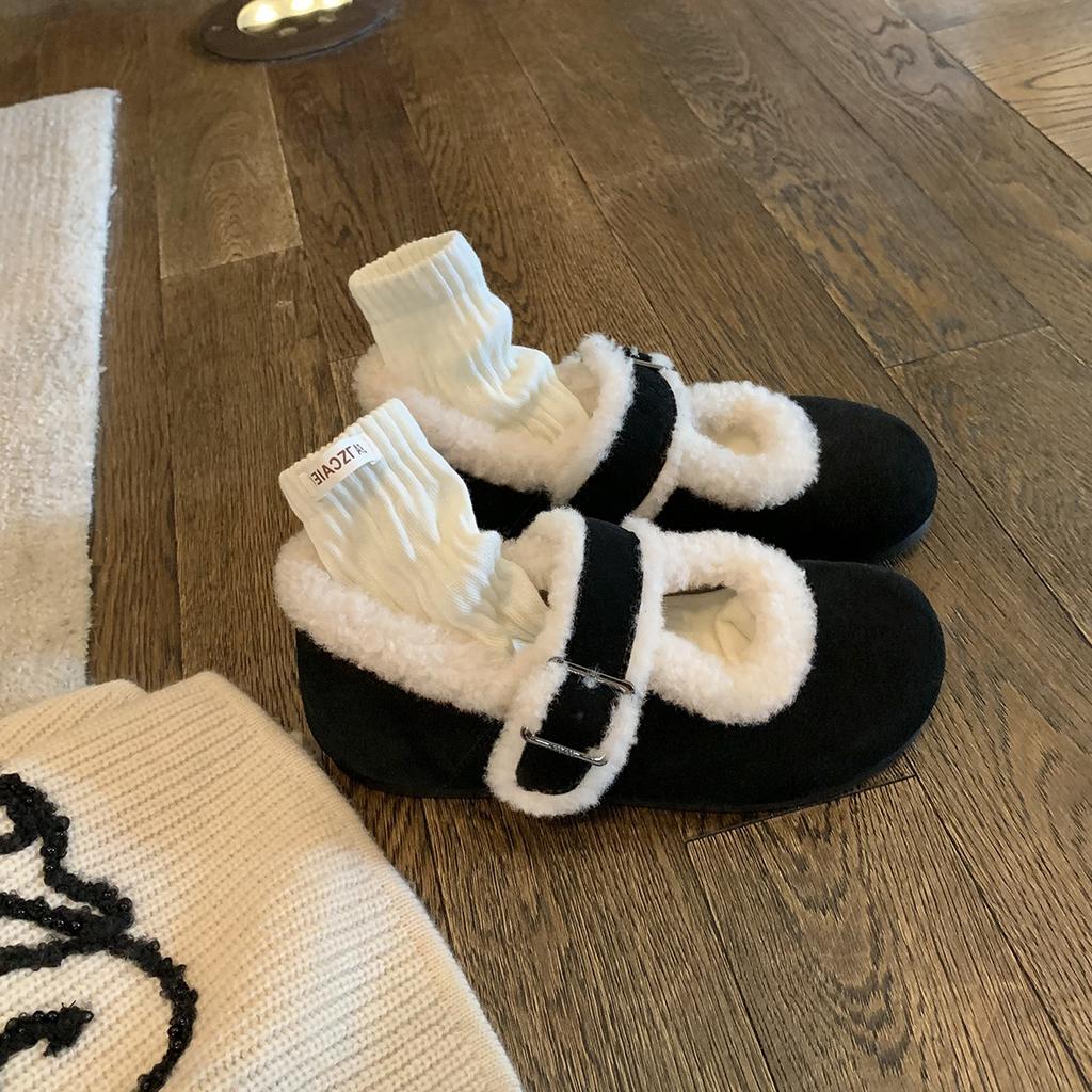 Коровья кожа~ виноградный ма тот же круглый носок с маленьким низким каблуком легкий рот хлопковые туфли пушистые и бархатные туфли Мэри Джейн женские зимние