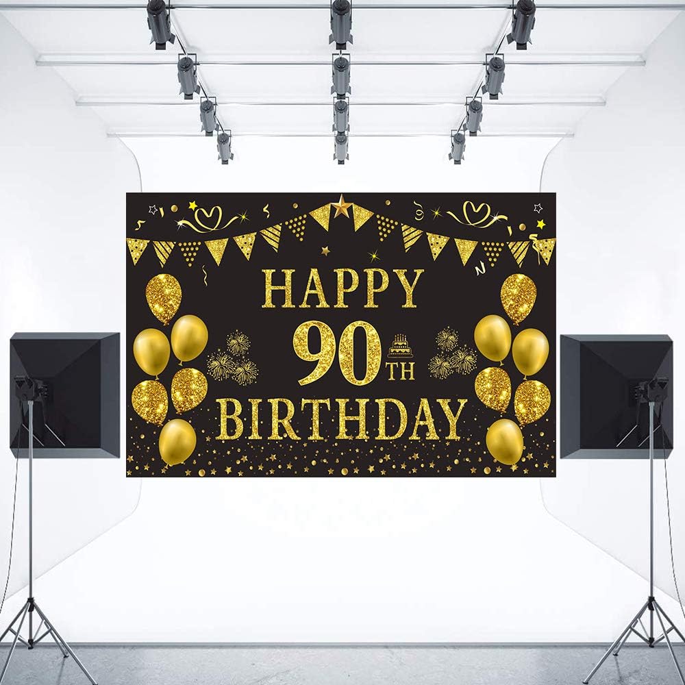 Trgowaul 90th Birthday Backdrop Gold and Black 5.9 X 3.6 Fts Happy Birthday Party Decorations Banner for Women Men Photography Supplies Background