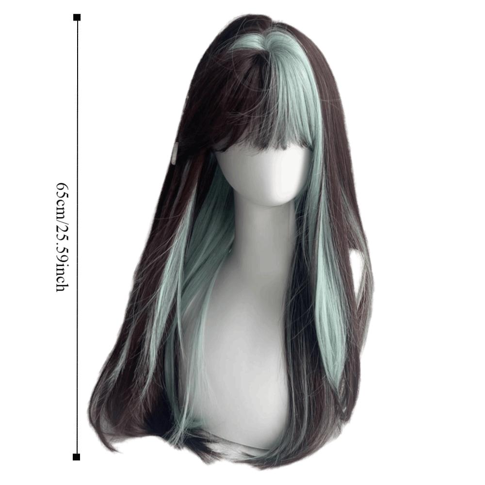 Cosplay Ombre Mint Green Brown Hair Fluffy Long Straight Wig with Bangs Halloween