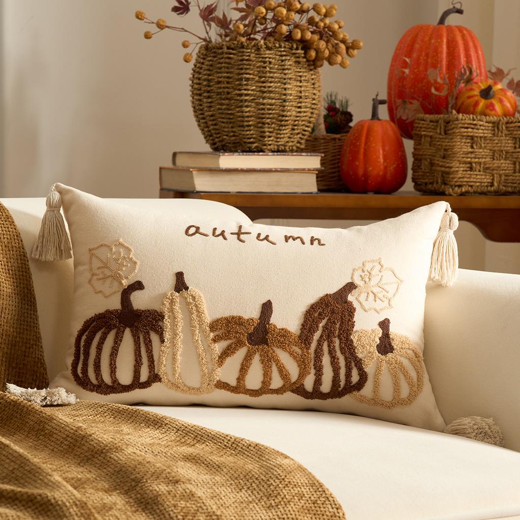 Autumn Tufted Velvet Pumpkin Pillow Cover Maple Leaf Cushion Case for Sofa Living Room Fall Home Decor