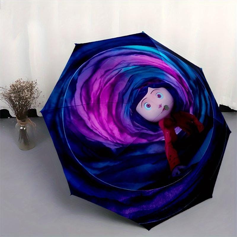 Coraline, Tunnel Automatic folding umbrella simple eight rib design, bright color pattern, durable iron frame, ideal for travel and outdoor
