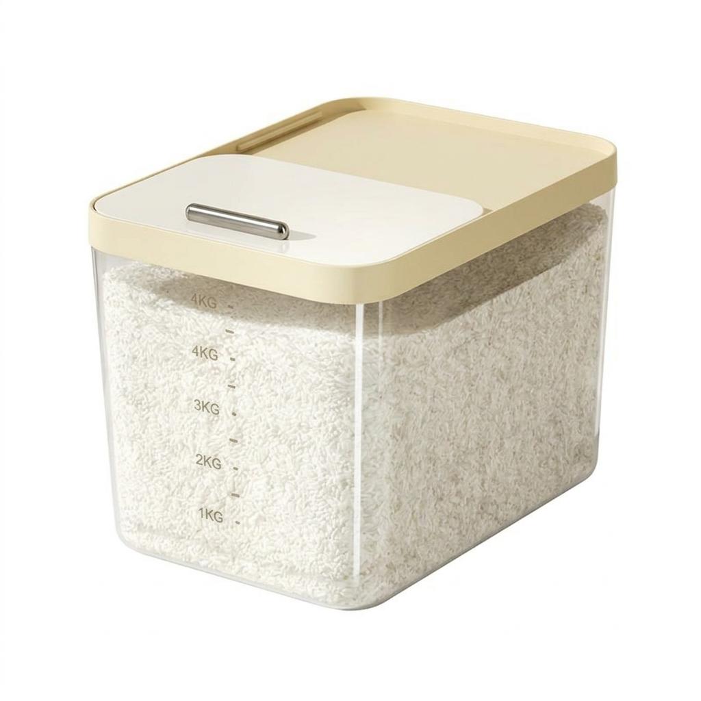 Airtight Rice Storage Container with Measuring Cup, Khaki Color Bin, Easy Open Lid, Space