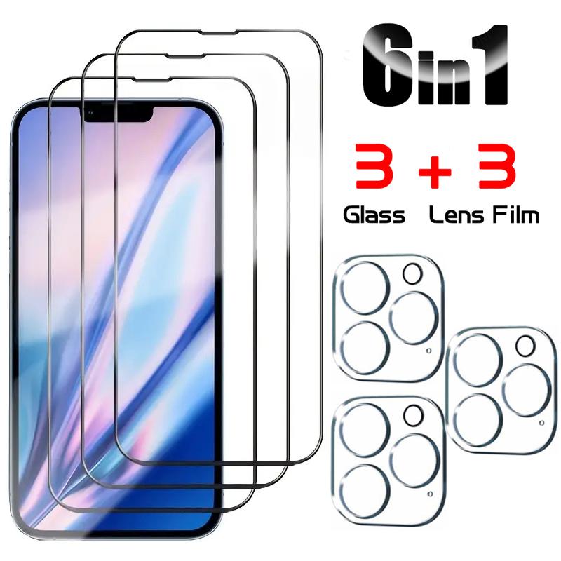 6 в 1 [3 стекла объектива + 3 стекла экрана] Защитная пленка на весь экран из закаленного стекла для Apple iPhone 16 15 14 13 12 11 Pro Max Promax Plus mini