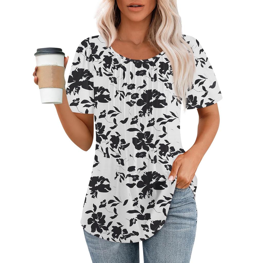 Женская летняя модная повседневная плиссированная футболка с коротким рукавом и круглым вырезом с принтом Топ