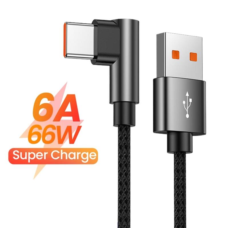 Кабель для быстрой зарядки 6A 66W Type C USB для Samsung Huawei Xiaomi OPPO VIVO POCO, угловой, 90 градусов, игровой зарядный кабель