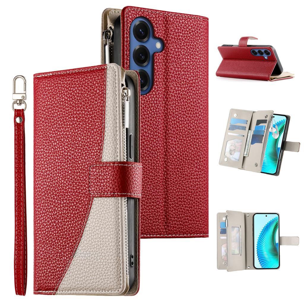 For Samsung Galaxy S26 Case Zipper Wallet Color Splicing Leather Flip Phone Cover with Straps