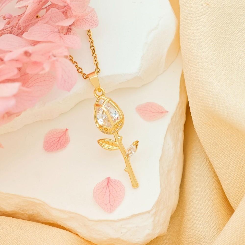 Elegant Zircon Pendant Layered Stainless Steel Choker Tulip Flower Pendant Necklace For Women