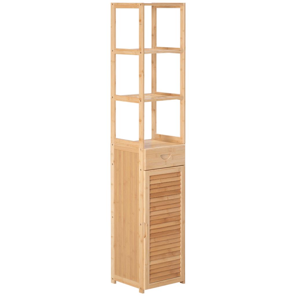 Bamboo Bathroom Shelf with Drawer and Slatted Door 32 x 30 x 163 cm