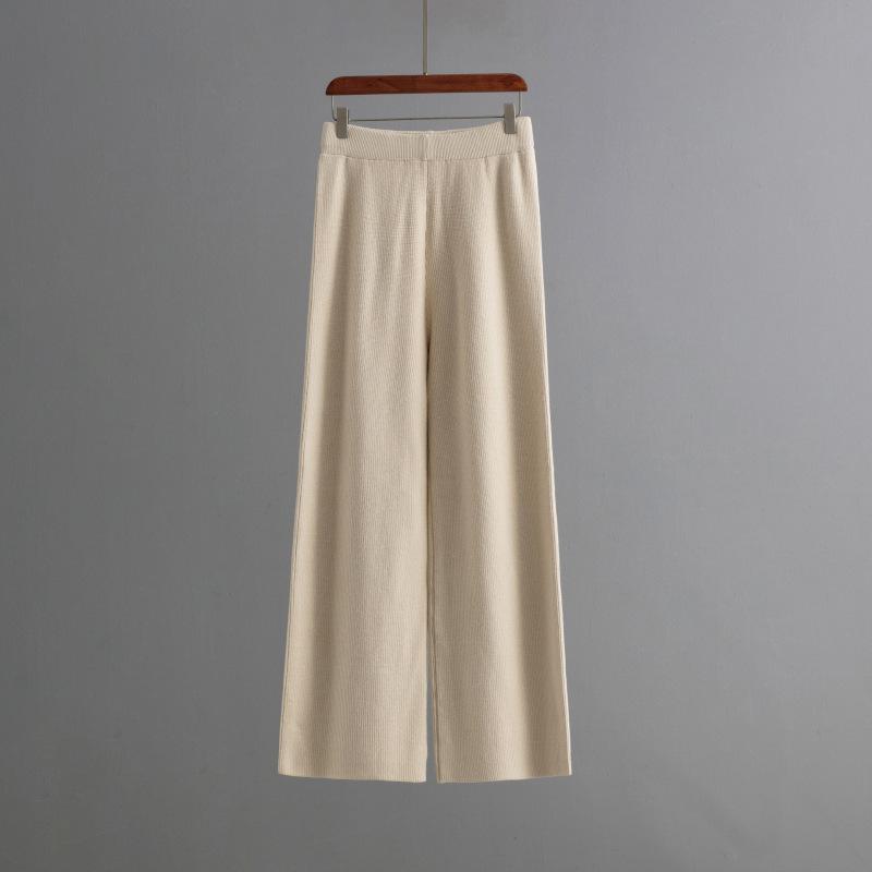 QICED Зимний теплый вязаный комплект для женщин, свободный свитер с длинным рукавом и круглым вырезом, модные брюки палаццо, комплект из двух предметов для женщин